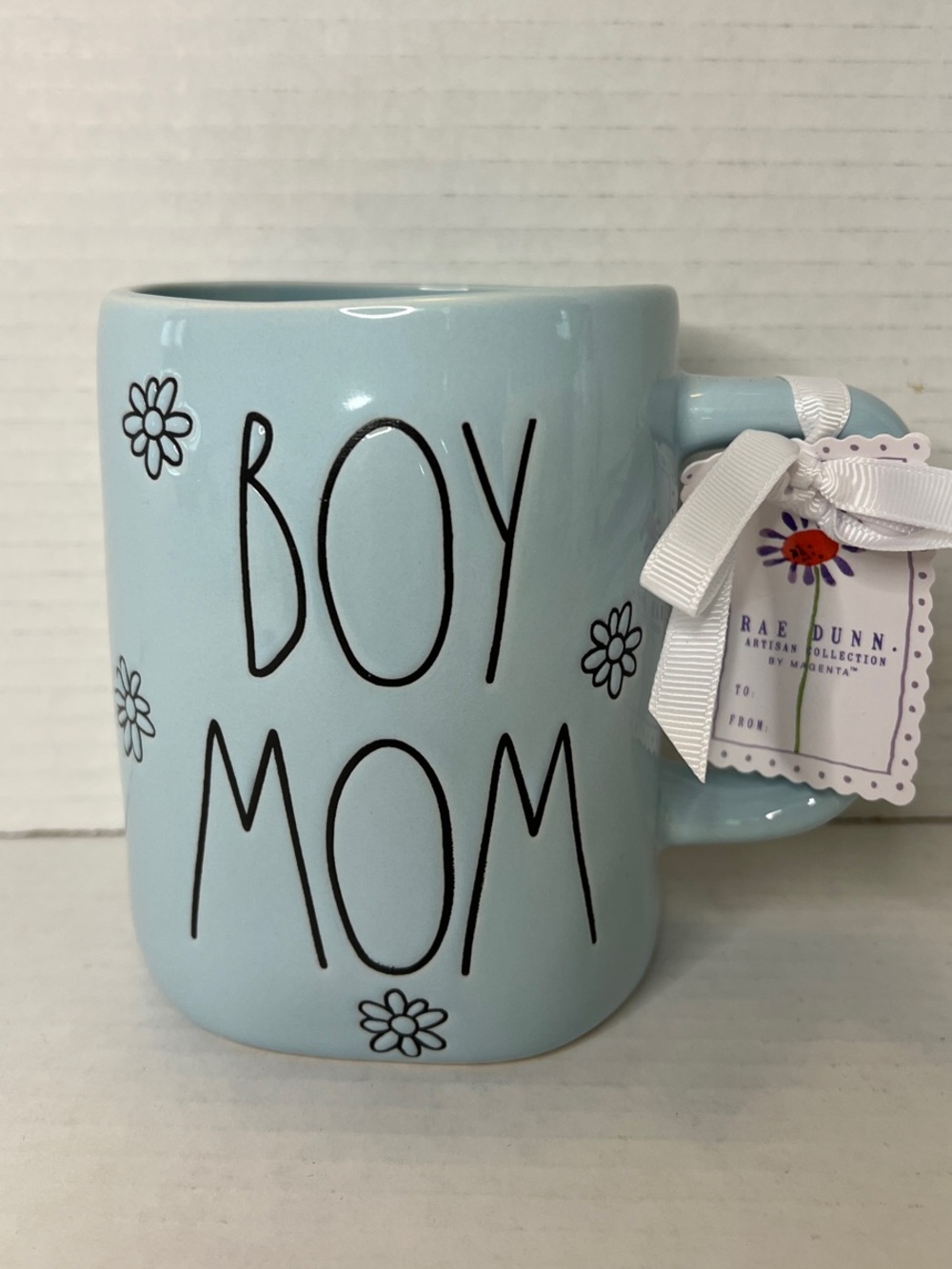 Rae Dunn Light Blue Boy Mom Floral Ceramic Mug New